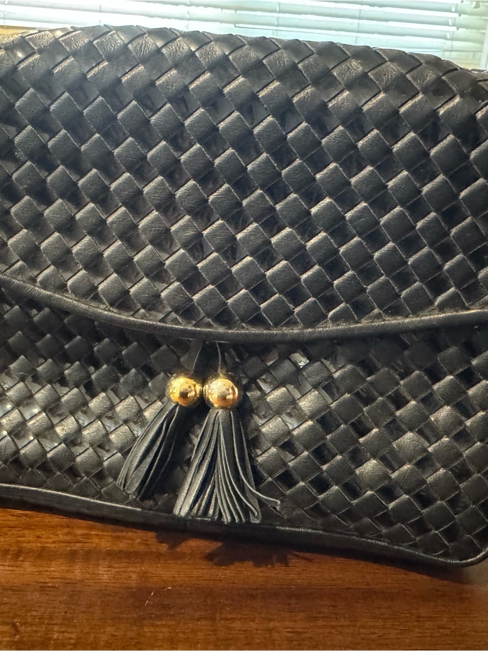 Vintage Ganson Black Woven Leather Crossbody Shoulder Bag Flap Tassel